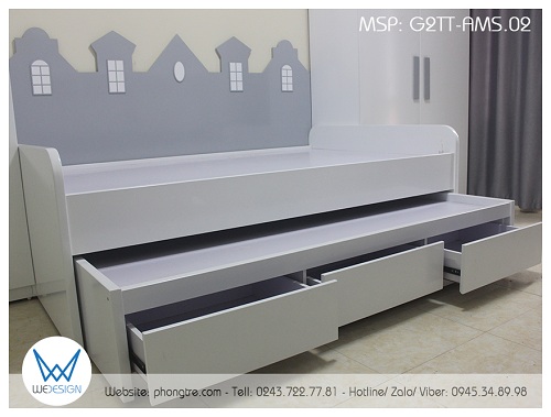 Giường tầng thấp kiểu sofa ngôi nhà thành phố Amsterdam G2TT-AMS.02 2 tầng đều là giường 1m2 và 3 ngăn kéo được làm ở phía thành của giường tầng dưới