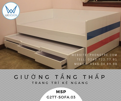 Giường tầng thấp kiểu sofa trang trí kẻ ngang sơn sắc màu yêu thích của 2 bé G2TT-SOFA.03