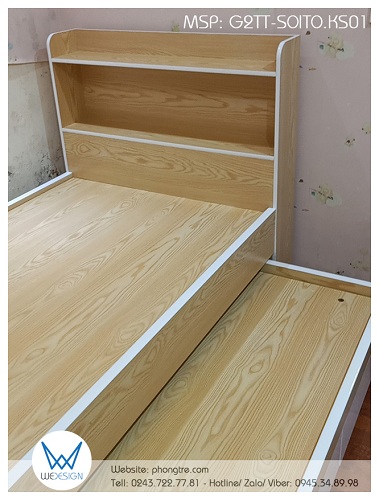 Giường tầng thấp vân sồi thiết kế đầu giường là kệ sách