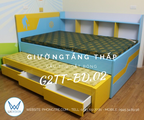 Giường tầng thấp có 3 ngăn kéo liền kệ sách cầu thủ dắt bóng G2TT-BD.02