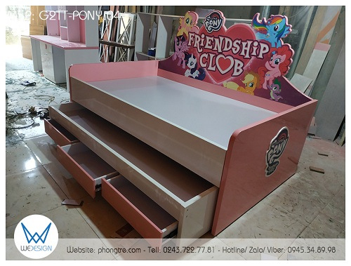 Giường tầng thấp kiểu sofa My Little Pony G2TT-PONY.04 có 2 tầng đều là giường 1m2 & có 3 ngăn kéo ở thành giường tầng dưới