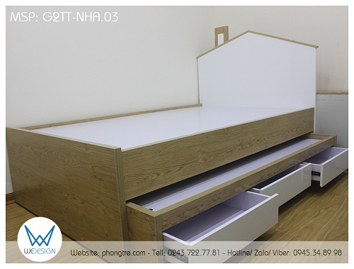 Giường tầng thấp ngôi nhà trắng có ống khói mái gỗ sồi