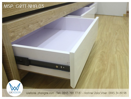 Mặt ngăn kéo của giường tầng dưới được làm kiểu móc tay âm trong kỹ thuật mộc