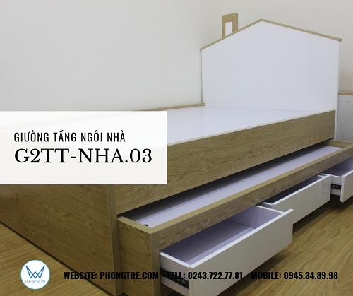 Giường tầng thấp ngôi nhà màu trắng, mái gỗ có ống khói G2TT-NHA.03