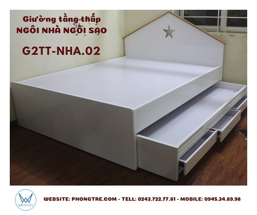 Giường tầng thấp ngôi nhà màu trắng, mái gỗ trang trí ngôi sao G2TT-NHA.01