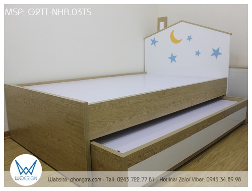Giường tầng dưới sử dụng bánh xe để di chuyển, các bánh xe được Wedesign giấu trong hệ khung giường tầng dưới