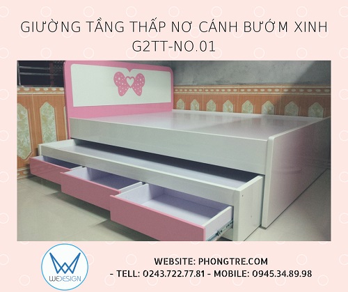 Giường tầng thấp có 3 ngăn kéo nơ cánh bướm hồng chấm bi trắng khuy trái tim dễ thương G2TT-NO.01 dành cho 2 bé gái