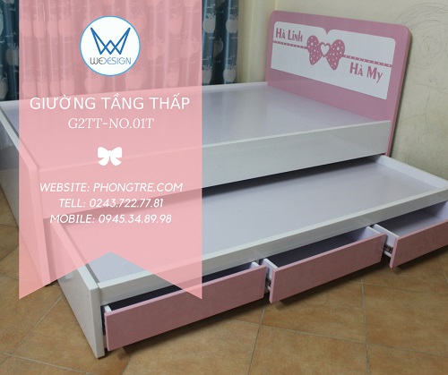 Giường tầng thấp có 3 ngăn kéo nơ cánh bướm chấm bi và tên 2 bé gái G2TT-NO.01