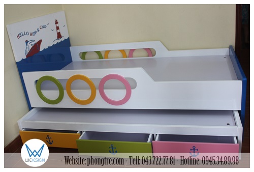 Giường tầng thấp có thanh chắn và 3 ngăn kéo trang trí chủ đề đại dương xanh MSP: G2TT-C.DD01