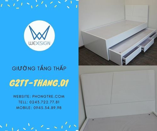 Giường tầng thấp có 3 ngăn kéo trang trí hình thang G2TT-THANG.01 màu trắng