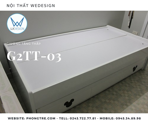 Giường tầng thấp có 3 ngăn kéo trang trí Mickey G2TT-03 màu trắng