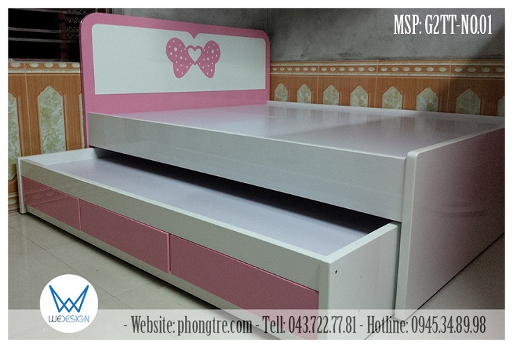 Giường 2 tầng thấp trang trí nơ bướm chấm bi
