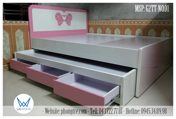 Giường tầng thấp MSP: G2TT-NO.01 có giường tầng trên rộng 1m6, giường tầng dưới có 3 ngăn kéo rộng 1m2
