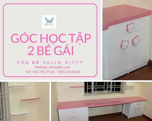 Video góc học tập 2 bé gái màu hồng trang trí Hello Kitty