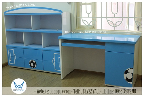 Góc học tập chủ đề bóng đá mix bởi bàn học thẳng BHT-BD.02 và kệ sách GS-BD.02