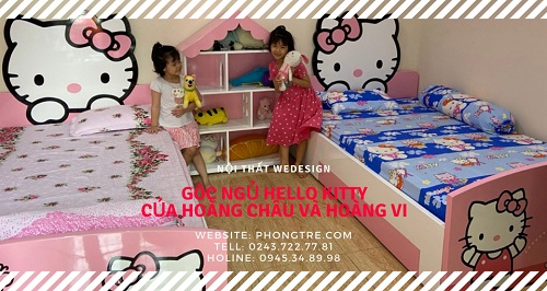 Góc ngủ Hello Kitty của 2 bé Hoàng Châu và Hoàng Vi