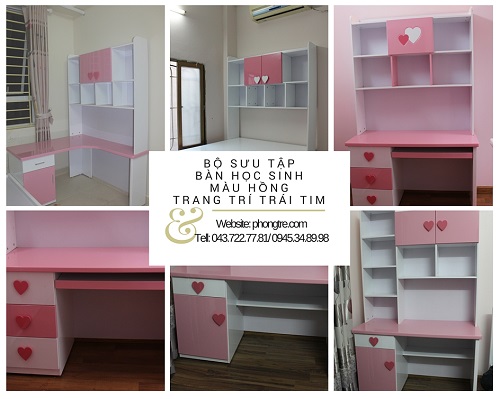 Video mẫu bàn học màu trắng hồng trang trí trái tim