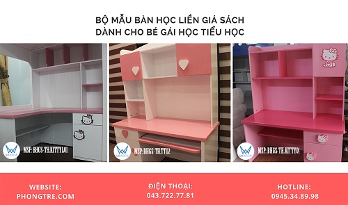 Mẫu bàn học liền giá sách dành cho bé gái học tiểu học