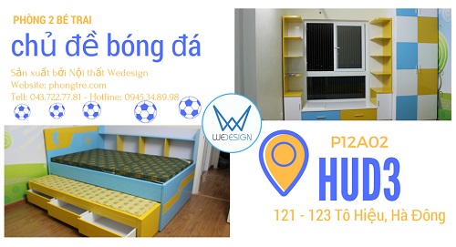 Phòng ngủ 2 bé trai chủ đề bóng đá màu vàng - xanh