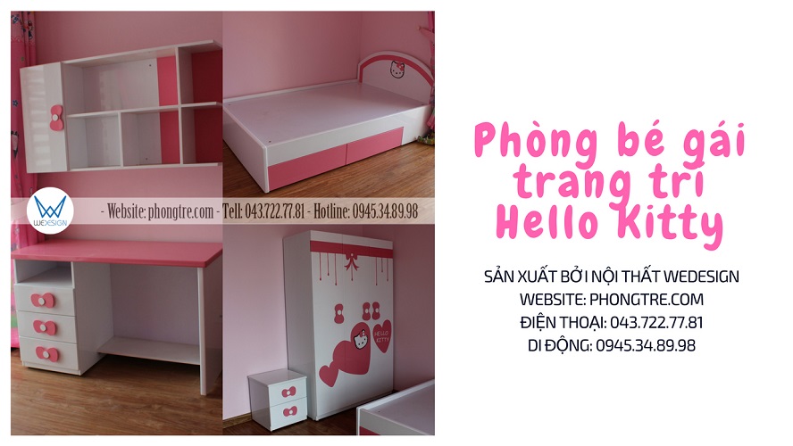 Phòng ngủ trang trí Hello Kitty dễ thương cùng trái tim và nơ xinh của bé gái nhà chị Huyền (T5, Time City)