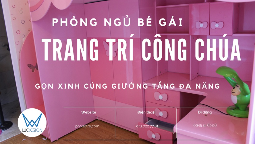 Phòng ngủ bé gái màu hồng trang trí chủ đề công chúa gọn xinh cùng giường tầng đa năng