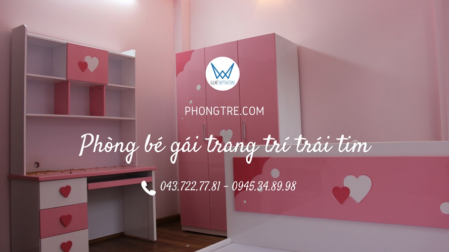 Phòng ngủ bé gái trang trí trái tim trắng - hồng dễ thương của bé gái nhà anh Sơn