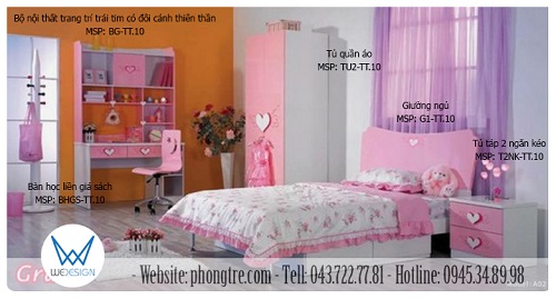 Mẫu thiết kế bộ nội thất phòng ngủ bé gái trang trí trái tim có đôi cánh thiên thần MSP: BG-TT.10