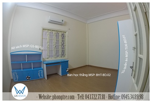 Phòng ngủ bé trai nhà chị Ngọc Hà trang bị nội thất trang trí chủ đề bóng đá màu xanh da trời