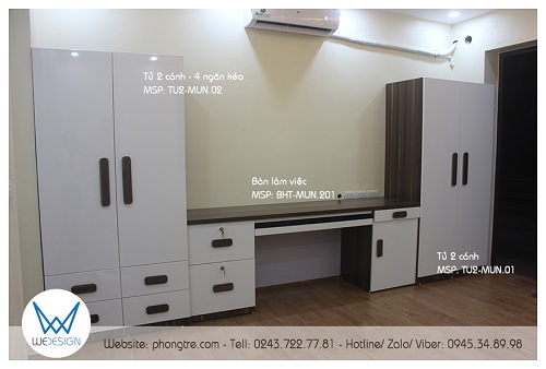 2 tủ quần áo 2 cánh - 80cm ở 2 bên, bàn học kết hợp với bàn làm việc kê ở giữa, tường trên bàn làm việc là vị trí treo ti vi
