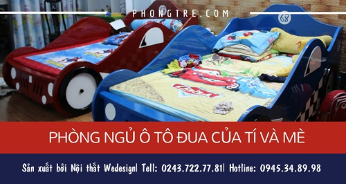 Phòng ngủ chủ đề ô tô đua của 2 bé trai Tí và Mè