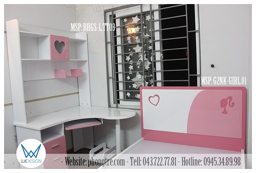 Tường ngủ 2m4 của bé Minh Châu áp với cửa sổ được bố trí giường ngủ và bàn học
