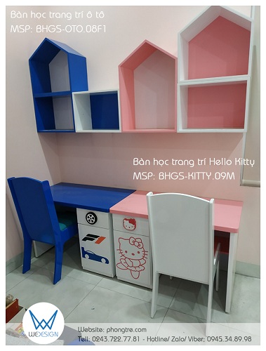 Góc học tập 2 bé nhà chị Hoa Trần - bàn học trang trí ô tô đua số 8 cho bé trai và bàn học trang trí Hello Kitty cho bé gái