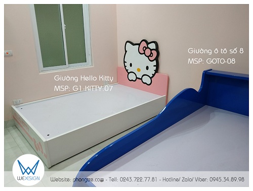 Chị Hoa bố trí kê giường ô tô và giường Hello Kitty của 2 bé áp với 2 bên tường và để lối đi ở giữa