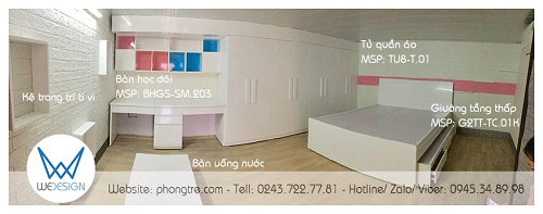 Phòng ngủ chung cho Bố Mẹ và Bé sử dụng nội thát màu trắng nhà chị Linh