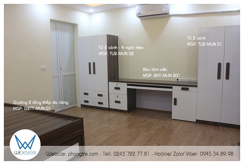 Dãy tủ và bàn làm việc kết hợp bàn học cho bé đối diện với giường tầng thấp 