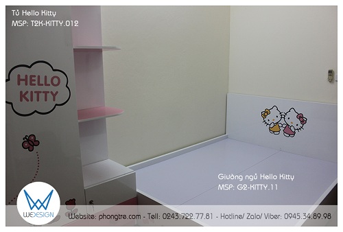 Đứng từ cửa sổ của phòng sẽ nhìn thấy chi tiết giường ngủ Hello Kitty và Mimmy thiết kế làm giường ngủ chung của 2 bé gái nhà chị Hoàng Hường