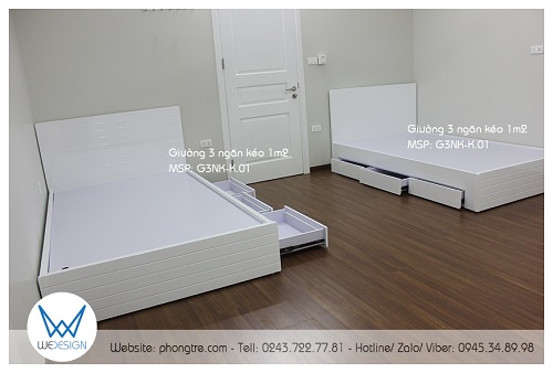 Bộ 3 ngăn kéo của giường được làm ở bên thành giường, không sử dụng tay co ngăn kéo để đóng mở ngăn kéo mà được Wedesign sử dụng phương pháp làm tay móc âm khi làm mộc