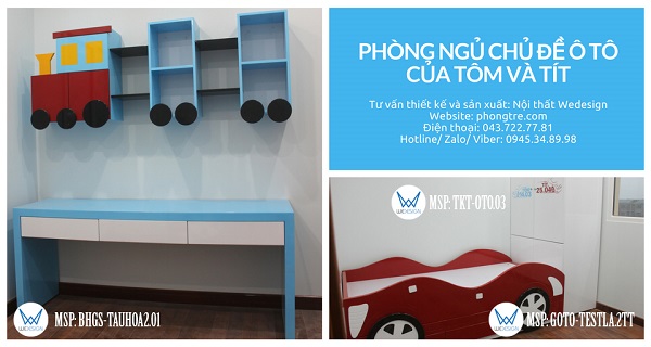 Phòng ngủ trang trí chủ đề ô tô của 2 bé Tôm và Tít