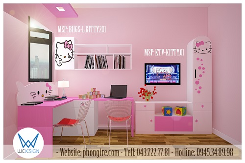 View 3 - Thiết kế 3D bàn học đôi đặt góc và kệ tivi Hello Kitty của 2 bé