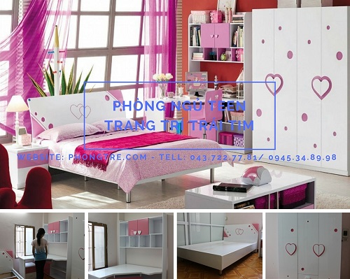 Video bộ giường - tủ - bàn học trang trí trái tim dễ thương