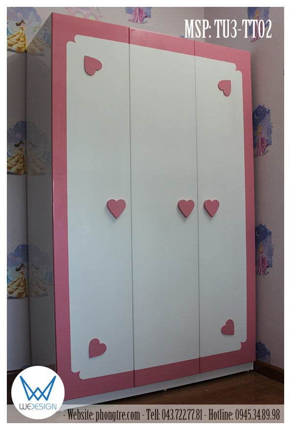 Tủ áo bé gái 1m2 trang trí trái tim MSP: TU3-TT02