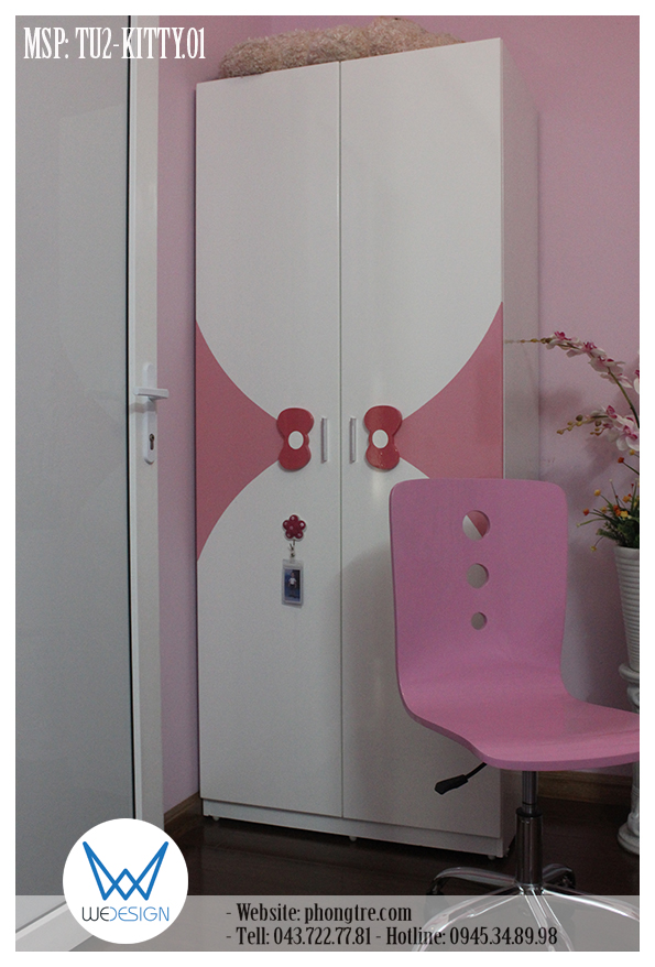 Tủ quần áo 2 cánh tay nắm nơ Mèo Hello Kitty 