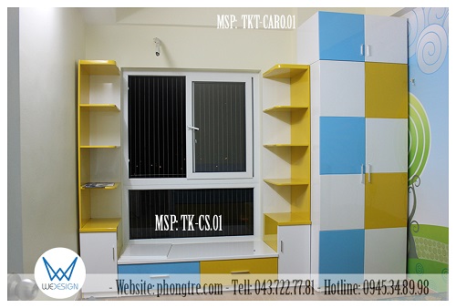 Tủ bệt liền kệ sách trang trí góc và tủ quần áo kịch trần của 2 bé nhà chị Phương Anh