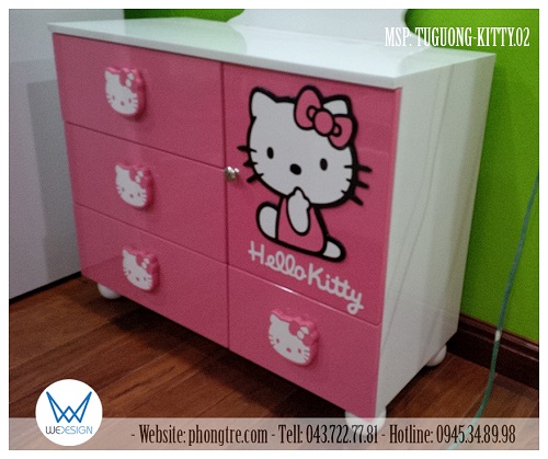 Tủ đồ của tủ gương MSP: TUGUONG-KITTY.02 có 4 ngăn kéo - 1 ô tủ 1 cánh trang trí Hello Kitty đeo nơ