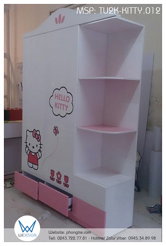 Tủ quần áo Hello Kitty liền kệ trang trí T2K-KITTY.012 đóng theo yêu cầu nhà chị Hoàng Hường hoàn thiện tại xưởng