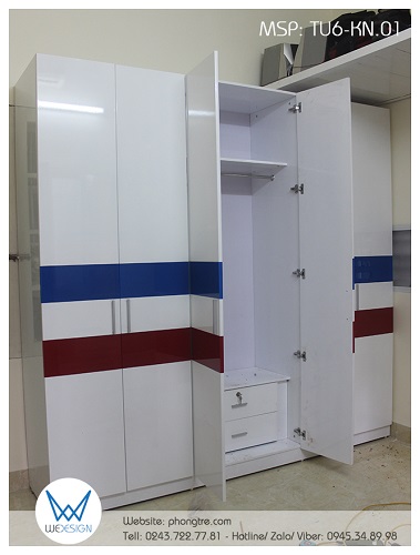 Buồng tủ giữa thiết kế treo đồ dài và hộc 2 ngăn kéo cho 2 bé