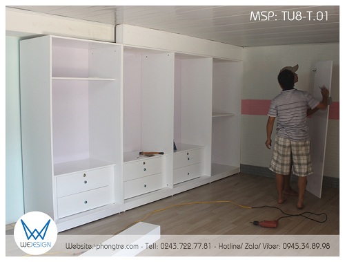 Tủ quần áo dài 3.2m cao kịch trần có trán che phần dầm trần, chia 4 buồng tủ