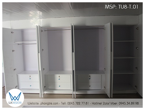 Kết cấu bên trong tủ quần áo 8 cánh mở nhà chị Linh: Buồng ngoài cùng gần bàn học là buồng tủ quần áo trẻ em, 2 buồng tủ ở giữa là của Bố & Mẹ, buồng tủ trong cùng chia đợt gỗ để quần áo gấp
