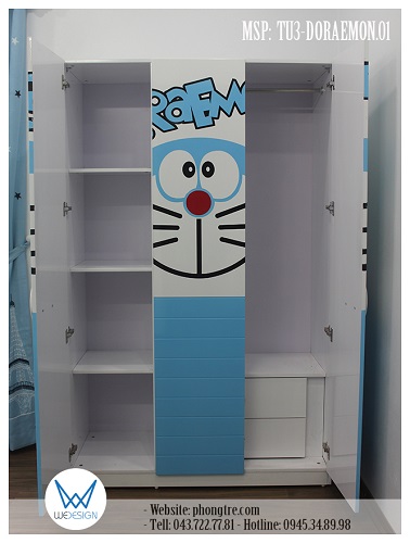 Kết cấu Tủ Doraemon MSP: TU3-DORAEMON.01 rộng 1m2 3 cánh mở - 2 buồng - có hộc 2 ngăn kéo trong buồng tủ lớn