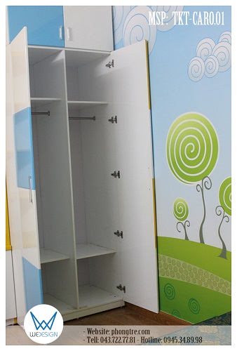 Kết cấu bên trong của tủ áo kịch trần TKT-CARO.01 dùng cho 2 trẻ em